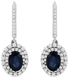 2.85CT DIAMOND & AAA SAPPHIRE 14KT WHITE GOLD OVAL & ROUND HALO HANGING EARRINGS