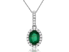 0.82CT DIAMOND & AAA EMERALD 14KT WHITE GOLD OVAL & ROUND HALO FLOATING PENDANT