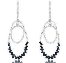 1.8CT DIAMOND & SAPPHIRE 14KT WHITE GOLD ROUND & BAGUETTE OVAL HANGING EARRINGS