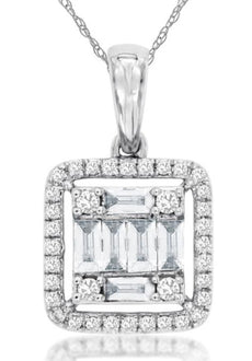 .45CT DIAMOND 14KT WHITE GOLD 3D ROUND & BAGUETTE SQUARE INVISIBLE HALO PENDANT