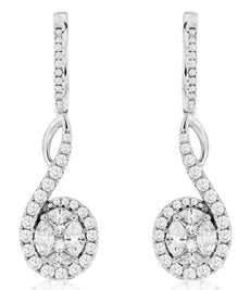 1.71CT DIAMOND 14KT WHITE GOLD 3D ROUND & MARQUISE FLOWER SWIRL HANGING EARRINGS