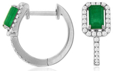 ESTATE .77CT DIAMOND & AAA EMERALD 14KT WHITE GOLD HALO HUGGIE HANGING EARRINGS
