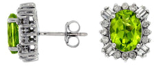 LARGE 3CT DIAMOND & PERIDOT 14KT WHITE GOLD OVAL ROUND & BAGUETTE STUD EARRINGS