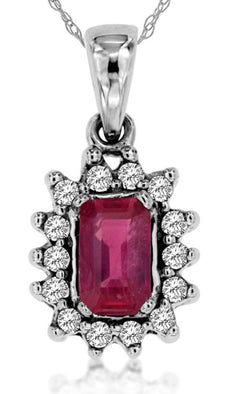 .50CT DIAMOND & AAA RUBY 14KT WHITE GOLD 3D EMERALD CUT & ROUND FLOWER PENDANT