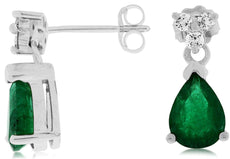 2.45CT DIAMOND & AAA EMERALD 14KT WHITE GOLD PEAR SHAPE & ROUND HANGING EARRINGS