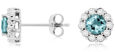 1.0CT DIAMOND & AAA AQUAMARINE 14KT WHITE GOLD 3D CLASSIC FLOWER STUD EARRINGS