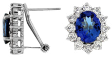 LARGE 5.7CT DIAMOND & AAA TANZANITE 14KT WHITE GOLD OVAL FLOWER CLIP ON EARRINGS