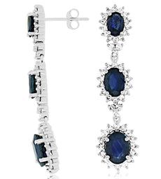 8.65CT DIAMOND & AAA SAPPHIRE 14KT WHITE GOLD MULTI FLOWER OVAL HANGING EARRINGS