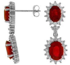 5.70CT DIAMOND & AAA RUBY 14K WHITE GOLD 3D OVAL & ROUND FLOWER HANGING EARRINGS