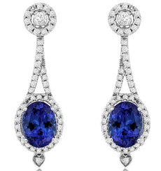 3.23CT DIAMOND & AAA TANZANITE 14KT WHITE GOLD OVAL HALO HEART HANGING EARRINGS