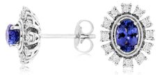 1.10CT DIAMOND & AAA TANZANITE 14K WHITE GOLD OVAL FLOWER FILIGREE STUD EARRINGS