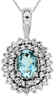 1.20CT DIAMOND & AAA AQUAMARINE 14KT WHITE GOLD OVAL & ROUND HALO FLOWER PENDANT