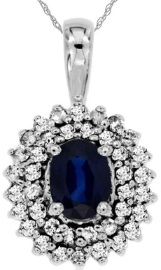 1.55CT DIAMOND & AAA SAPPHIRE 14KT WHITE GOLD OVAL & ROUND HALO FLOWER PENDANT