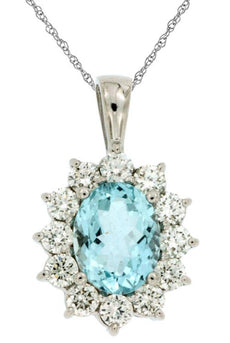2.50CT DIAMOND & AAA AQUAMARINE 14KT YELLOW GOLD 3D OVAL & ROUND FLOWER PENDANT