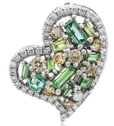 1.84CT WHITE & MOCHA DIAMOND & AAA EMERALD 14K WHITE GOLD HEART FLOATING PENDANT